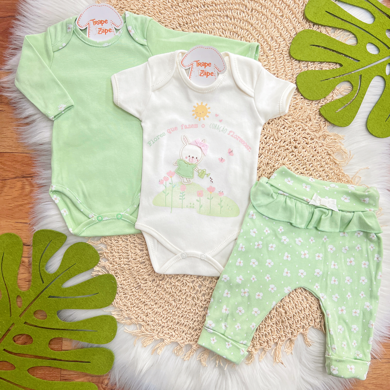  CONJ. DE MALHA 3 PEÇAS - Flores Que Fazem o Coração Florescer - Verde